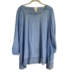 Chico's Light Heathered Blue‎ 3/4 Sleeve Large Lightweight Shirt Gathered Back